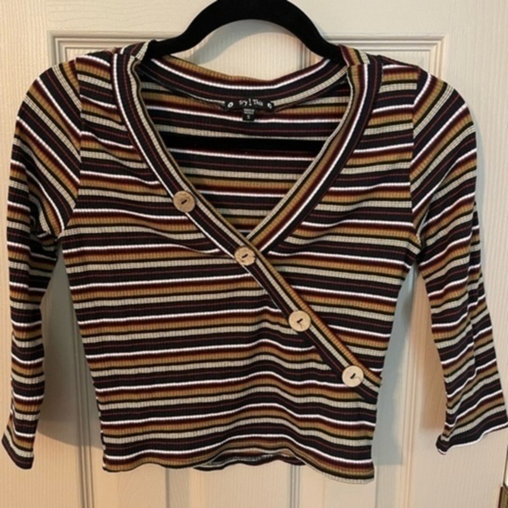 Try this Wrap-Look Ribbed Striped 3/4 Sleeve Cropped Top.